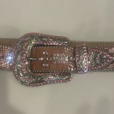 A Pink Western Belt With A Large Western Buckle With Swarovski Crystals And An Iridescent Pink Belt Strap With The Same Crystals. The Belt Is In Excellent Condition. Marked Size M And Is 39” Long. Made In The Usa. Bling Belt Buckle, Bb Belt, Pink Belt, Western Buckles, Western Belt, List Ideas, Western Belts, Christmas Wishlist, Made In The Usa