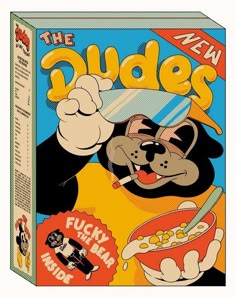 the dude's cereal box with an image of a dog eating cereal