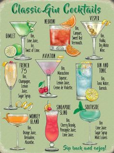 a poster with different types of cocktails on it's side, including the names and