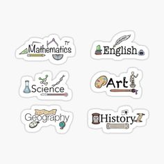 six stickers with different types of writing and symbols on them, all in various colors