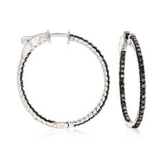 Ross-Simons - 1.00ct t.w. Black Diamond Inside-Outside Hoop Earrings. 1 1/8". Change up your look with our 1.00 ct. t.w. black diamond inside-outside hoop earrings in sterling silver. The glimmering diamond rounds adorn the polished sterling silver hoops, allowing you to shine from all angles. Hanging length is 1 1/8". Black diamond inside-outside hoop earrings. Diamond birthstones are the perfect gift for April birthdays. Gold And Silver Ring, Hoop Earrings Diamond, Black Diamond Bracelet, Ring Wrap, Handmade Gold Ring, Change Up Your Look, Jewelry Presentation, Precious Rings, Diamond Birthstone