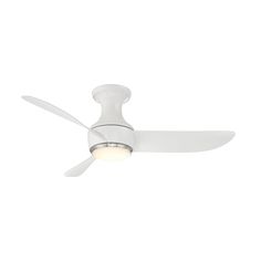 a white ceiling fan with a light on it's blade and two blades in the middle