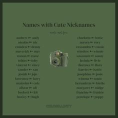 an advertisement for a camera with the words names with cute nickanes on it