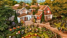 a painting of a house surrounded by trees and bushes with pumpkins on the ground