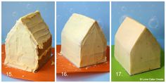 three different stages of how to make a house shaped cake with icing on top