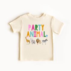 a t - shirt that says party animal with animals on the front and bottom in multicolored letters