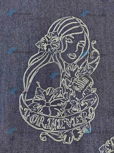 an image of a woman with flowers in her hair on a blue jean fabric background