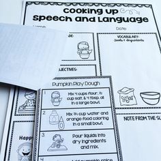 a close up of two sheets of paper with words and pictures on it that say cooking up, speech and language