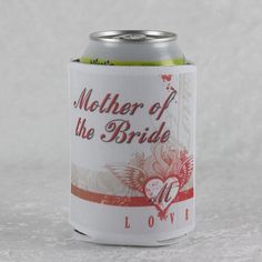 a can of mother of the bride beer on a white surface with red and green accents