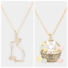 "Easter is on its way! Make sure to look festive this Easter Season with these adorable Bunny necklaces. There are 2 choices of necklaces to purchase, please select the desired necklace at checkout. Gold Bunny: Necklace Size : 18\" + 3\" L Pendant Size : 1.25\" X 2.3\" Bunny in Basket: Necklace Size : 18\" + 3\" L Pendant Size : 1.75\" X 2\" Please note: Color and pattern may slightly vary due to how each item is made. Due to the nature of lighting when photographing products, what you receive m Photographing Products, Bunny In Basket, Gold Rabbit, Egg Necklace, Easter Necklace, Spring Necklace, Rabbit Necklace, Bunny Necklace, Easter Jewelry