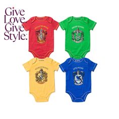 three bodysuits with harry potter on them and the words give love, give style