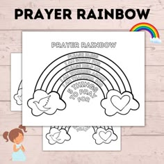 a rainbow coloring page with the words prayer rainbow on it and a girl standing next to it