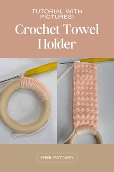 the crochet towel holder pattern is shown with yarn and scissors on top of it