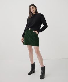 Green Courderoy Skirt Outfit, Green Corduroy Skirt Outfit, Corduroy Skirt Outfit, White Striped Skirt, Green Mini Skirt, Skirt Trends, Carbon Neutral, Corduroy Skirt, Green Skirt