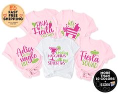 Fiesta Bachelorette Party Shirts, My Final Fiesta Shirt,  Nacho Average Bride, Margarita Shirts, Mexico Bachelorette, Custom Bridal Party  How - To - Order - Select Your Shirt Style  - Select Your Shirt Color - Select Your Design (Personalization Box) If Applicable - Select Your Quantity - Add Item to Your Cart -- If You Will have more than one shirt you can add them to your cart one by one so you can have one order. -- If Shown picture was 2 shirt you must add both to the cart. Production & Shi Pink Crew Neck Shirt For Party, Pink Party Tops For Festivals, Pink Long Sleeve Tops For Festivals, Fitted Short Sleeve Tops For Fiesta, Fiesta Bachelorette Party Shirts, Nacho Average Bride, Fiesta Bachelorette Party, Mexico Bachelorette, Margarita Shirt