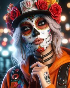 a woman with white hair and makeup is wearing a colorful skull face paint on her face