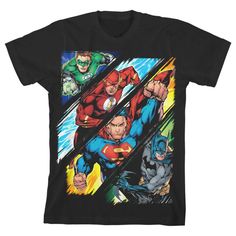 Rep all of your favorite superheroes when you wear this youth black graphic tee! The four superheroes tee features a big, colorful graphic that has been professionally printed to ensure long-lasting print quality. The Justice League fan apparel is black, and has short sleeves for comfort and style in any weather. The classic comic book characters apparel is made of 100percent preshrunk cotton jersey. It can be machine washed in cold water with like colors, then tumble dried for easy care. As an Superhero T Shirts, Superhero Tshirt, Superman Artwork, Super Hero Shirts, Black Graphic Tee, The Justice League, Superhero Shirt, Classic Comic Books, Dc Comics Superheroes