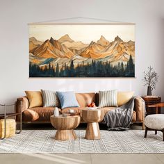 a living room filled with furniture and a painting on the wall