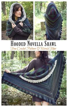 the hooded novel shawl is shown in three different colors and features an open hood