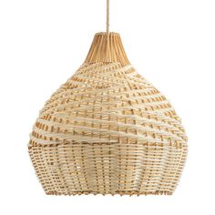 a light that is made out of wicker and has a long cord hanging from it