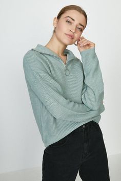 Snuggle up real good in this jumper. Featuring an on-trend ring pull zipper, this high-neck knit is as cosy as anything thanks to its ribbed texture and slouchy fit. High Neck Jumper, Ribbed Texture, Jumpers And Cardigans, Cardigans, Zip Ups, Knitwear, High Neck, Jumper, Buy Online