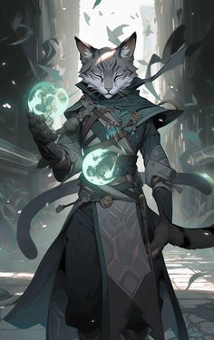 a cat dressed in armor and holding a glowing orb