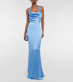 Draped halterneck satin gown in blue - Rasario | Mytheresa Silk Evening Dress With Fitted Bodice And Halter Neck, Backless Satin Gown With Ruched Bodice, Halter Neck Satin Dress For Wedding, Formal Halter Neck Evening Dress With Ruched Bodice, Silk Halter Neck Prom Gown, Silk Halter Dress With Back Opening For Wedding, Satin Halter Neck Wedding Gown, Satin Halter Neck Gown For Wedding, Halter Neck Satin Gown For Wedding