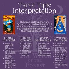 an advertisement for tarot tips interpretations on the tarot tree, which includes four different tarot cards