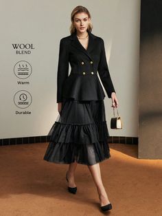 WOOL LAPEL COLLAR RUFFLE HEM PEA OVERCOAT Black Elegant  Long Sleeve Wool Plain Regular Non-Stretch  Women Clothing, size features are:Bust: ,Length: ,Sleeve Length: Women Overcoat, Retro Women, Cosplay Dress, Black Fleece, Inspiration Mode, Lantern Sleeves, Kids Beachwear, Y2k Style, Lapel Collar