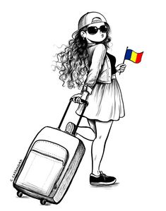 a drawing of a girl holding a flag and suitcase with her hand on the handle