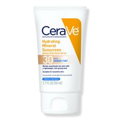 Hydrating Mineral Sunscreen SPF 30 Face Sheer Tint -  CeraVe Hydrating Mineral Sunscreen SPF 30 Face Sheer Tint is 100% mineral and instantly leaves skin with a healthy glow without any white cast.    Benefits     Oil-free face lotion with 100% mineral sunscreen filters that form a protective barrier on the skin to help reflect UVA and UVB rays Provides broad-spectrum SPF 30 protection with zinc oxide and titanium dioxide Tinted sunscreen formula features a universal tint that blends seamlessly Tinted Sunscreen, Physical Sunscreen, Tinted Spf, Best Sunscreens, Glow Skin, Facial Sunscreen, Skin Allergies, Zinc Oxide, Protector Solar