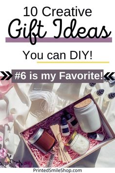 a gift box with candles and other items in it that says, 10 creative gift ideas you can diy