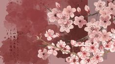 a painting of pink flowers on a red and white background with chinese characters in the corner