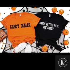 Get into the spooky spirit with these fun Halloween Couples Shirts featuring "Witch Better Have My Candy" and "Candy Dealer" designs. Perfect for those looking for unique Halloween matching sweatshirts or his and hers spooky tees, these are great for parties or trick-or-treating. Show off your Halloween style with these playful ghost boo t-shirts, a must-have for couples who love to coordinate their costumes! See our other designs at https://jollyrodgerscreation.etsy.com  Welcome to Jolly Rodger Couple Halloween Shirt Ideas, Halloween Novelty Tops With Funny Text, Halloween Novelty Tops With Letter Print, Funny Halloween Tops With Text, Halloween Novelty Shirt With Letter Print, Novelty Halloween Shirt With Letter Print, Halloween Crew Neck Top With Funny Text, Couples Shirts Funny, Halloween Couple Shirts