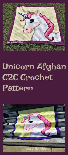 the unicorn afghan crochet pattern is on display in front of a bench with purple and