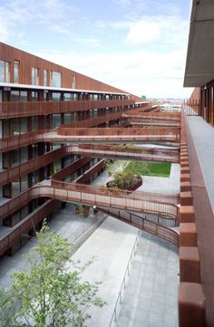 an outdoor courtyard with wooden balconies and grass in the foreground, surrounded by tall buildings