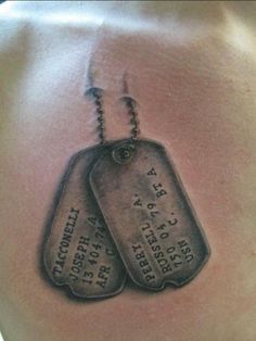 a man's chest with two tags attached to it, and the words in black ink