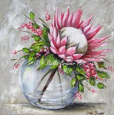 a painting of a pink flower in a glass vase