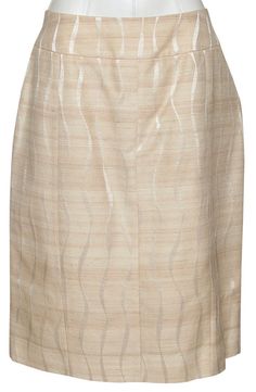 "GUARANTEED AUTHENTIC SALVATORE FERRAGAMO CREAM IRIDESCENT SKIRT Matching Jacket Available For Sale In A Separate Listing Design: - Cream light iridescent textured knee length skirt. - Yoke waist. - Rear vent. - Side zipper closure. - Lined. Fabric: 100% Silk; 100% Rayon Lining Size: US14, I48 Measurements (Approximate laid flat): - Waist: 16.75\" - Hip: 20\" - Total Length: 23.5\" (from front center waist line to bottom front center hem) To Our Customers: -We consider it a privilege to serve as your luxury fashion concierge. Whether you are looking to buy that special one-of-a-kind item, (that no one else can find), scoring a spectacular deal on a pre-owned gem or updating your own style by consigning your items, please don't hesitate to contact us. Remember, You Deserve No Less! Conditio Iridescent Skirt, Skirt Knee Length, Sterling Silver Cuff Bracelet, Light Stain, Knee Length Skirt, Salvatore Ferragamo, Stripes Pattern, Knee Length, Womens Skirt