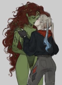 a drawing of a woman with red hair and green skin hugging another woman's head