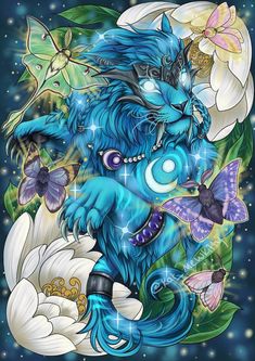 a blue creature with flowers and butterflies around it