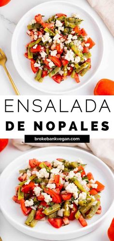 two white plates filled with vegetables and feta cheese on top of each other,