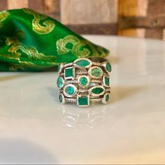 White Gold Rope Style Tier Ring Encrusted With Real Emeralds Cut In Geometric Shapes Flawless Excellent Condition! Make An Offer Ring Color, Emerald Ring, Womens Jewelry Rings, Emerald Cut, Geometric Shapes, Emerald, Size 7, White Gold, Women Jewelry