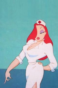 an animated image of a woman in white dress with red hair wearing a nurse's cap