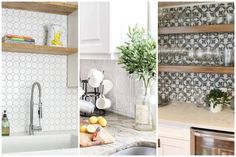 three different pictures of kitchen counter tops and backsplashes with plants in vases