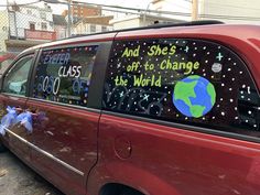 a car with the words and she's off to change the world written on it