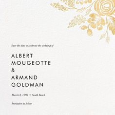 a wedding card with gold flowers on it