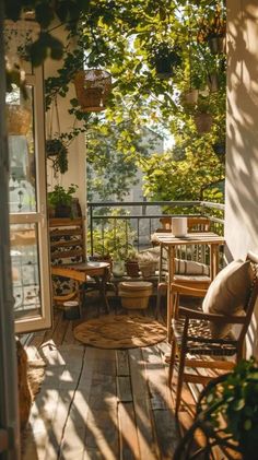 a porch with chairs, tables and potted plants on the outside decking area