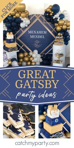 a great gatsby party with blue and gold decorations