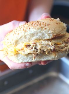 a hand holding a sandwich with meat and cheese on it in front of a pan